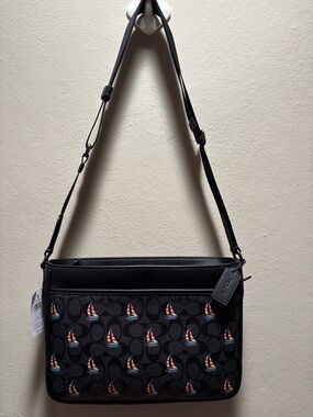 Coach Black Signature Messenger Bag with Red-White-Blue Sailboat Print